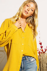 Textured Gauze Button Down Puff Sleeves Blouse Top Shirt