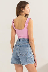 Ribbed Ruffle Strap Sleeveless Bodysuit