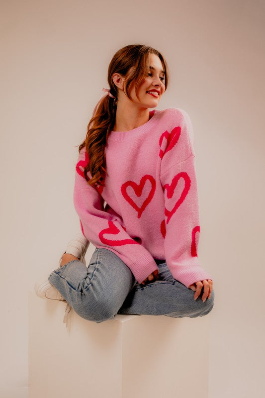 Long Sleeve Round Neck Heart Printed Sweater king-general-store-5710.myshopify.com