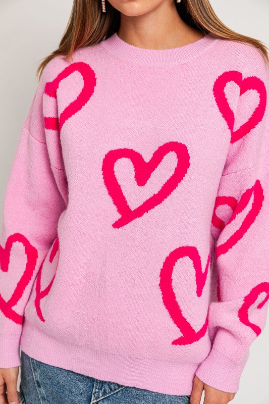 Long Sleeve Round Neck Heart Printed Sweater king-general-store-5710.myshopify.com