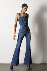 Button Front Flare Bottom Dark Denim Jumpsuit