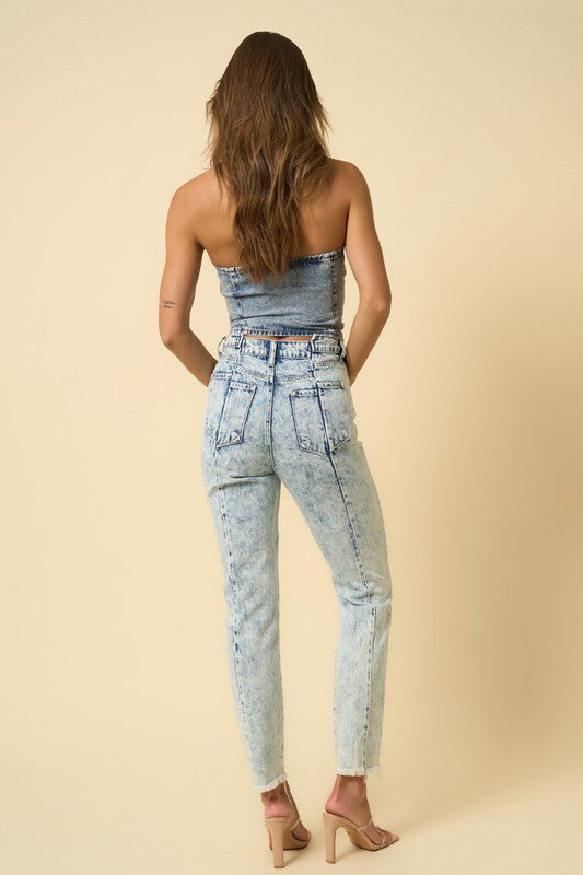 Unique Waistline High Rise Slim Tapered Light Wash Denim Jeans