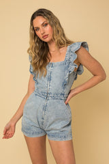 Chic Fitted Ruffle Denim Romper