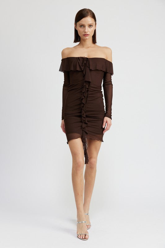 OFF SHOULDER MINI DRESS WITH RUFFLE DETAIL king-general-store-5710.myshopify.com