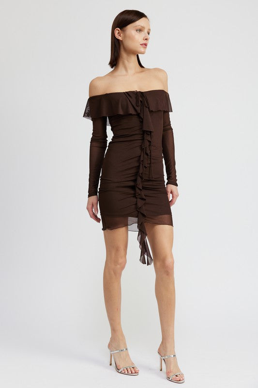 OFF SHOULDER MINI DRESS WITH RUFFLE DETAIL king-general-store-5710.myshopify.com