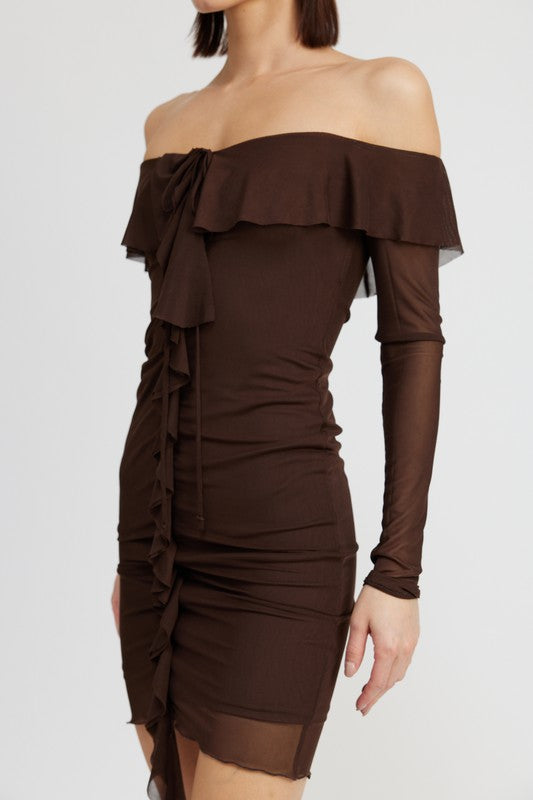 OFF SHOULDER MINI DRESS WITH RUFFLE DETAIL king-general-store-5710.myshopify.com