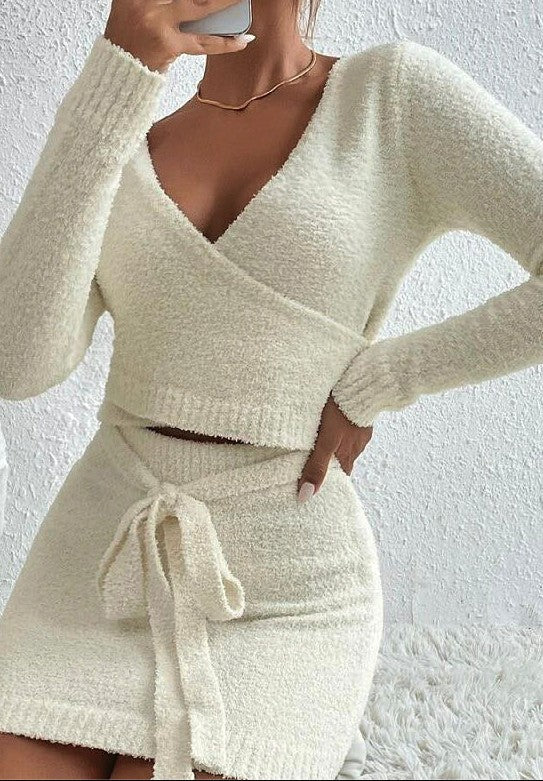 Long Sleeve V-Neck Top & Mini Skirt Sweater Set