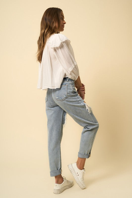 High Rise Straight Light Wash Denim Jeans