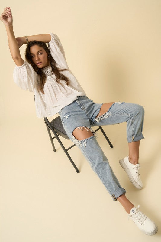 High Rise Straight Light Wash Denim Jeans