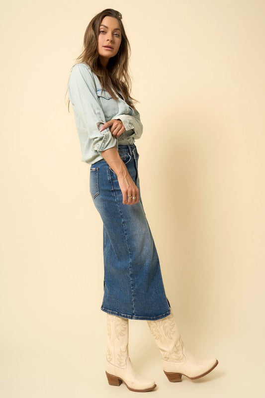 Dark Stretch Denim Crossover Midi Skirt