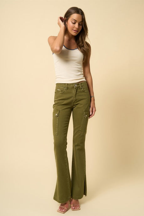True Olive Color Cargo Slim Boot Cut Jeans