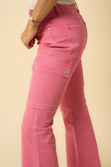 Dusty Pink Cargo Slim Boot Cut Denim Jeans with Slits