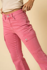 Dusty Pink Cargo Slim Boot Cut Denim Jeans with Slits