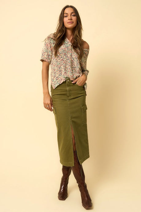 Olive Wash Denim Cargo Midi Skirt