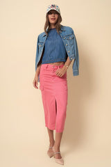 Pink Wash Denim Cargo Midi Skirt