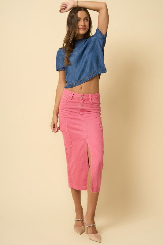 Pink Wash Denim Cargo Midi Skirt