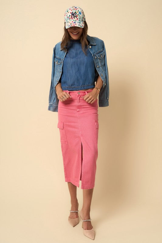 Pink Wash Denim Cargo Midi Skirt