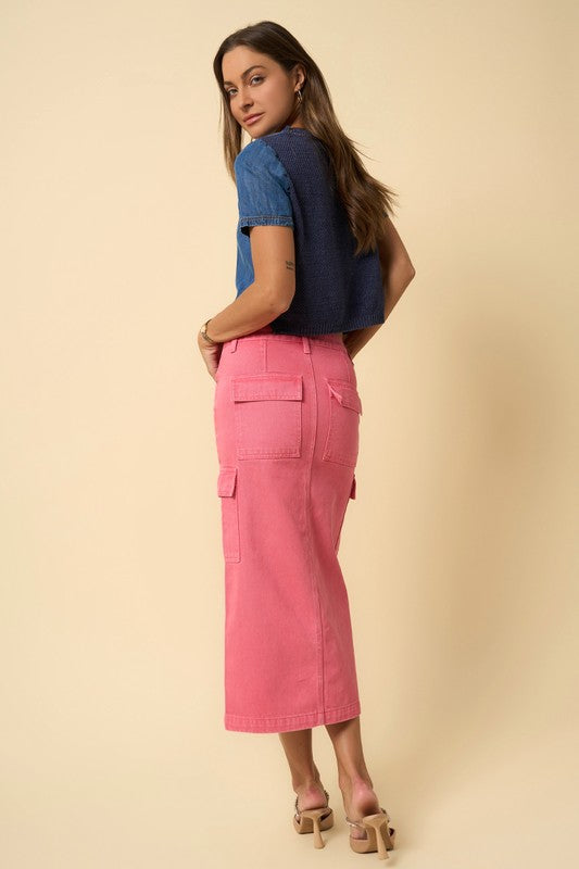 Pink Wash Denim Cargo Midi Skirt