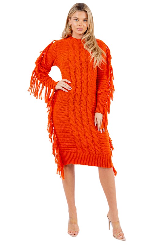 Orange Multi Tassel Sweater Dress king-general-store-5710.myshopify.com