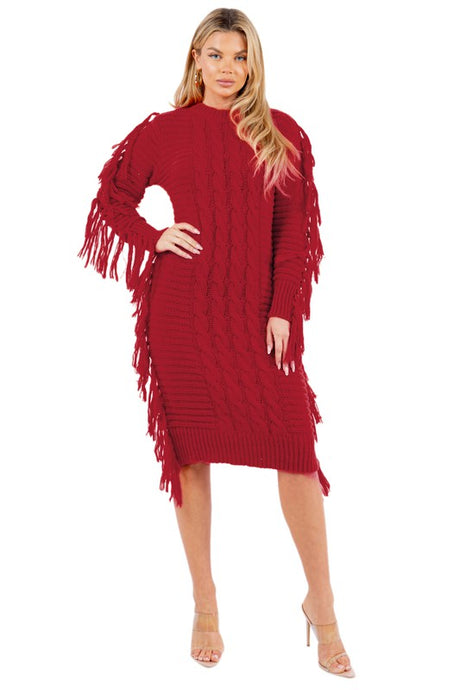 Burgundy Multi Tassel Sweater Dress king-general-store-5710.myshopify.com