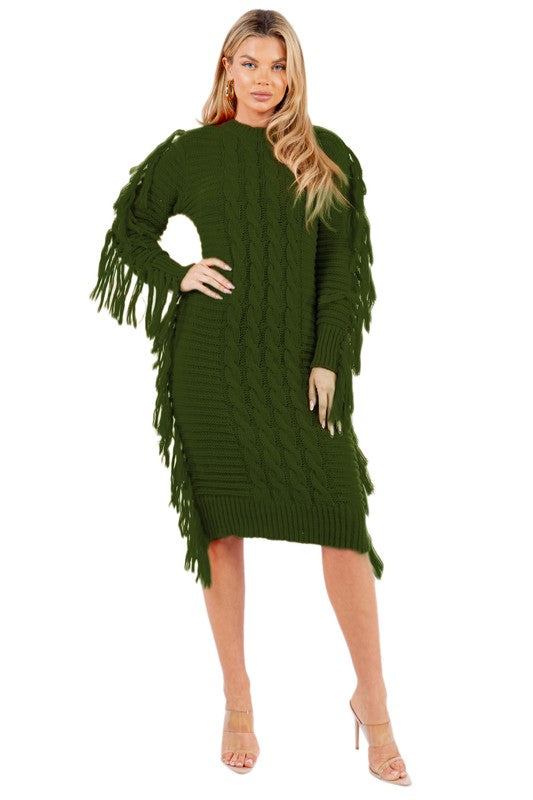 Olive Multi Tassel Sweater Dress king-general-store-5710.myshopify.com