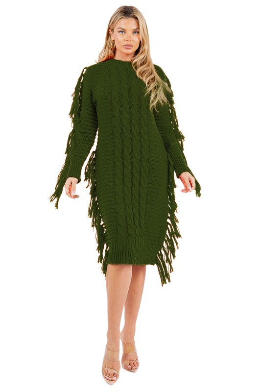 Olive Multi Tassel Sweater Dress king-general-store-5710.myshopify.com