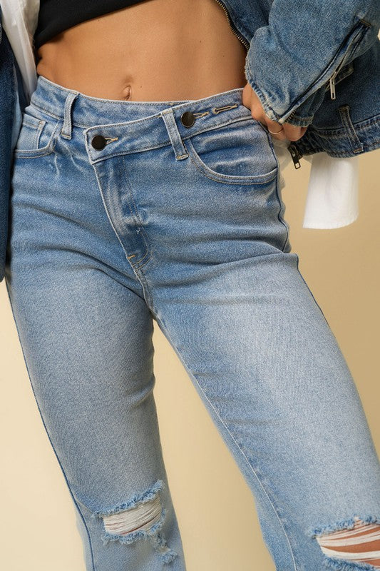 Front Zipper Fly Crossover Wide Leg Jeans