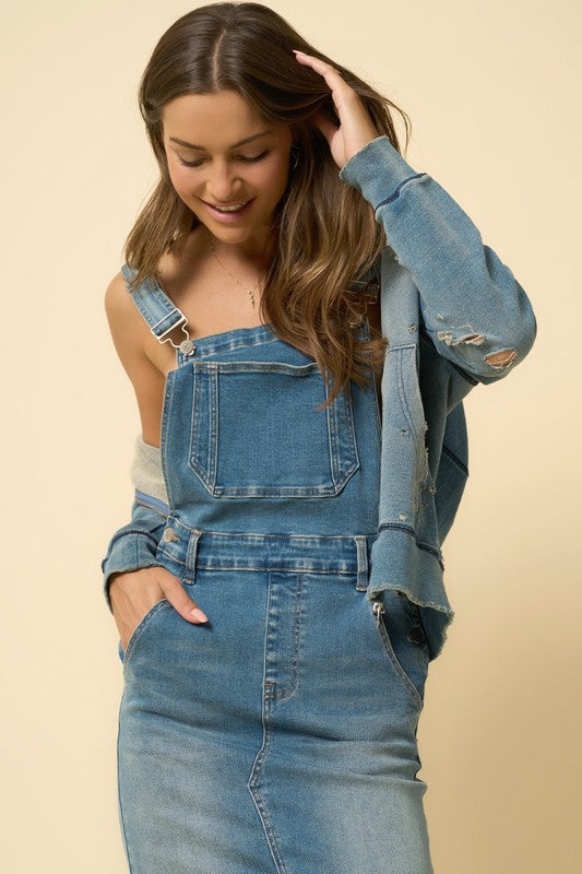 Medium Wash Overalls with Side Button Detail