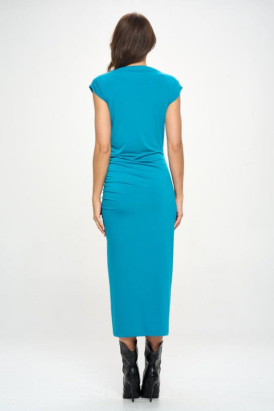 Teal Sleeveless Ruched Dress with Slit