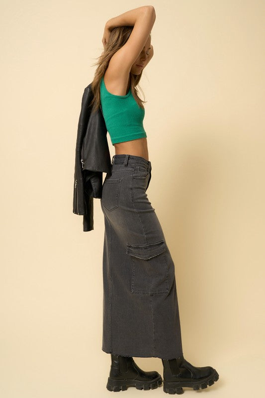 Black Super Cargo Denim Maxi Skirt