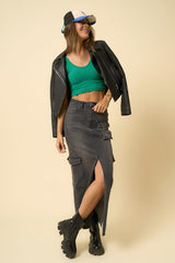 Black Super Cargo Denim Maxi Skirt