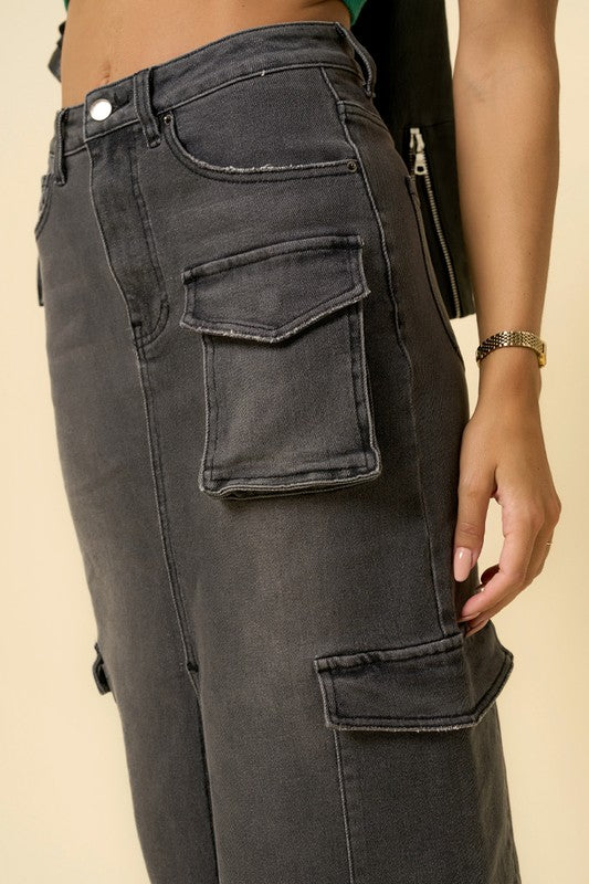 Black Super Cargo Denim Maxi Skirt