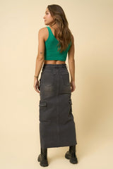 Black Super Cargo Denim Maxi Skirt