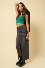 Black Wash Denim Cargo Skirt