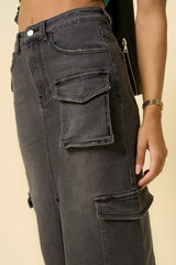 Black Wash Denim Cargo Skirt