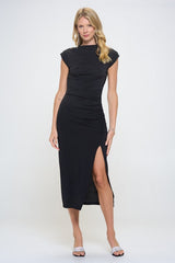 Black Sleeveless Ruched Dress with Slit