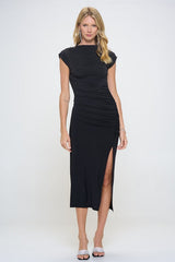 Black Sleeveless Ruched Dress with Slit