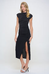 Black Sleeveless Ruched Dress with Slit