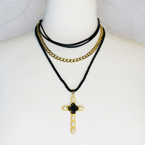 Layered Black Rose Cross Necklace king-general-store-5710.myshopify.com