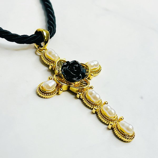 Layered Black Rose Cross Necklace king-general-store-5710.myshopify.com