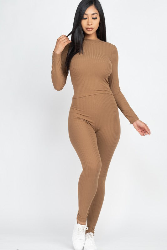 Ribbed Mock Neck Long Sleeve Top & Leggings Set king-general-store-5710.myshopify.com