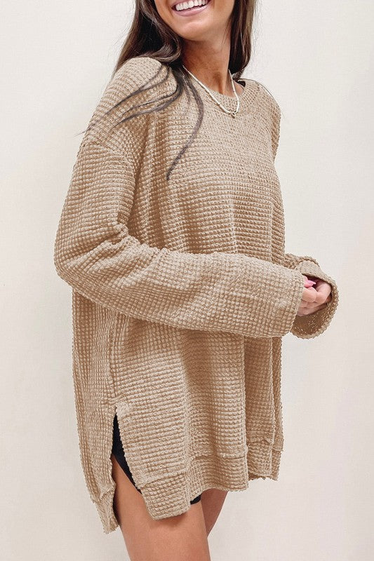 Waffle Knit Drop Sleeve Side Slits Oversized Top king-general-store-5710.myshopify.com