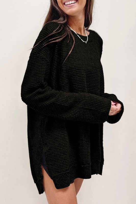 Waffle Knit Drop Sleeve Side Slits Oversized Top king-general-store-5710.myshopify.com