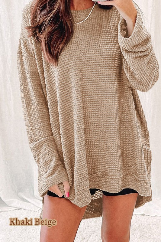 Waffle Knit Drop Sleeve Side Slits Oversized Top king-general-store-5710.myshopify.com