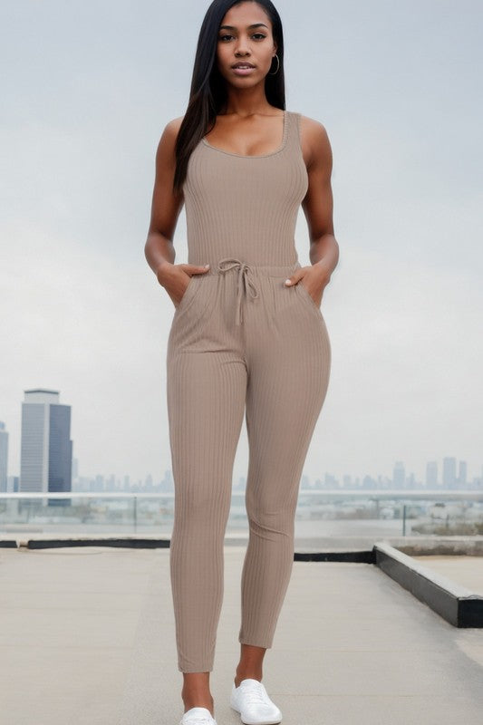 Ribbed Sleeveless Drawstring Catsuits Jumpsuit