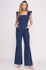 Denim Ruffle Flare Leg Jumpsuit