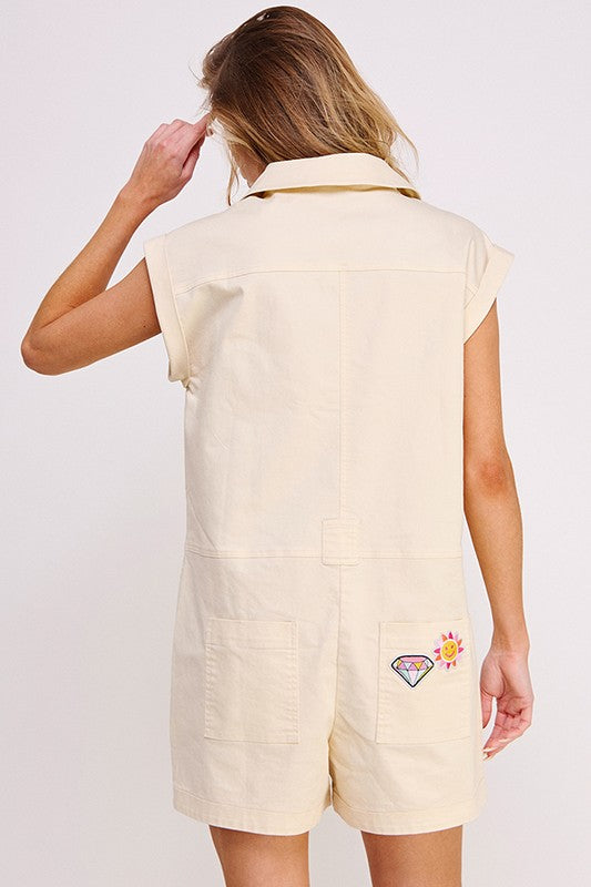 Patchwork Detail Cotton Twill Utility Romper