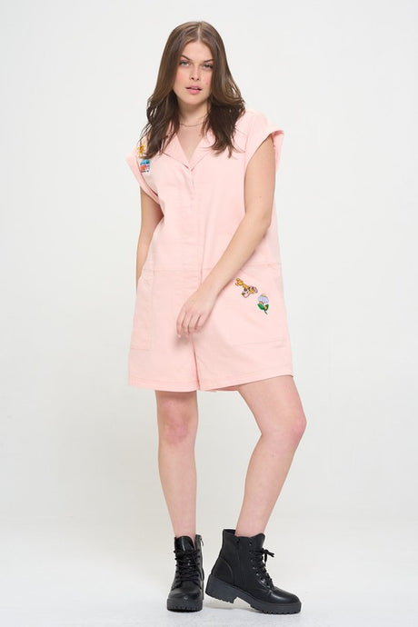 Patchwork Detail Cotton Twill Utility Romper