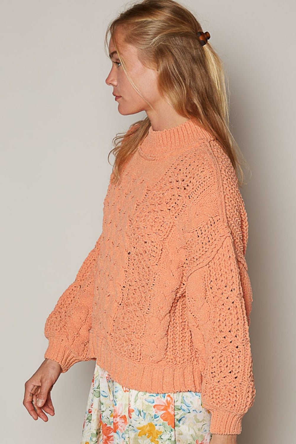 Coral Tangerine POL Mock Neck Cable Knit Sweater