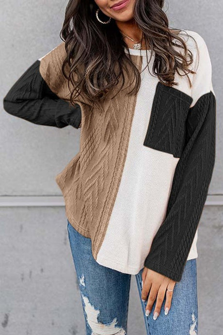 Cable Knit Color Block Round Neck Sweater king-general-store-5710.myshopify.com